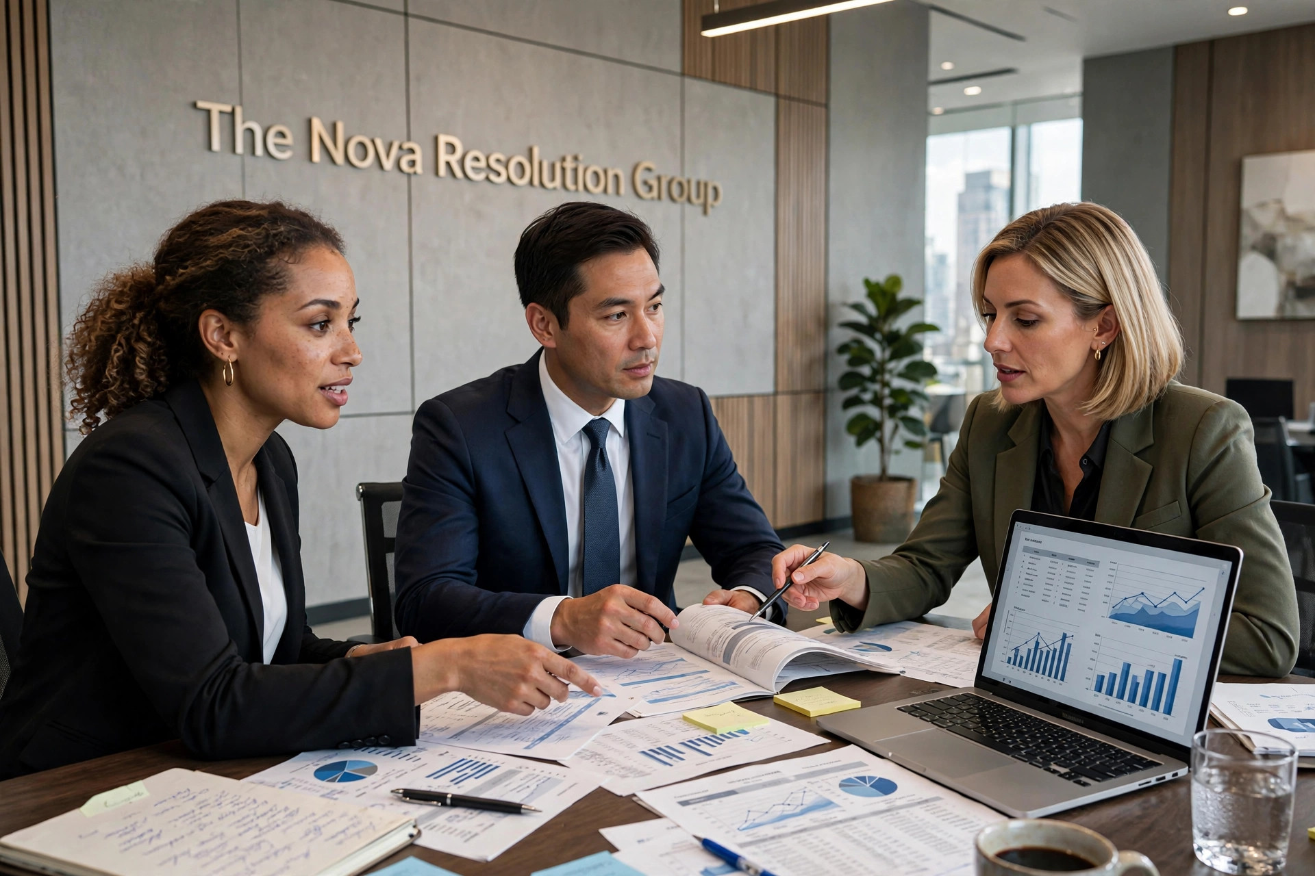 Nova Resolution Group executives analyzing client shipping documents